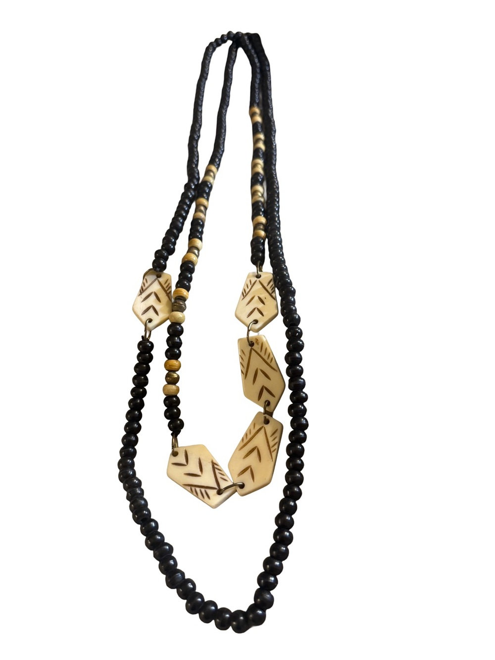 Black and Tan Carved Bead Single Strand Necklace
